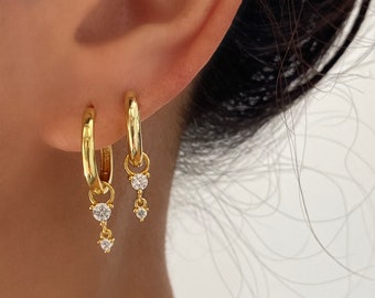 Crystal Earrings, Sterling Silver Hoop Earrings, Cubic dangle Earrings, Gold Hoop Earrings, Shiny gold hoops, Thick Gold hoops