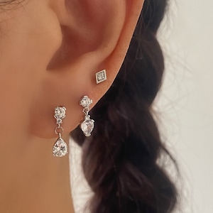 Tiny CZ Dangle Droplet Stud Earrings in Sterling Silver, Solid Silver Crystal Earrings, Dainty Silver Earring, Minimalist, Bridesmaid Gift