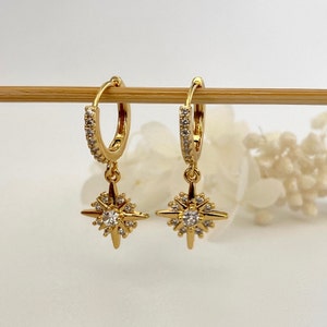 Starburst dangle drop Earrings, Star Gold Hoops, Celestial Gold Earrings, Cubic Paved gold hoop starburst dangle, Everyday Earrings, Gift