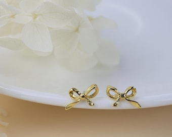 Gold Bow Stud Earrings, 18k Gold Plated 925 Sterling Silver
