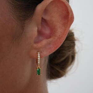 Baguette Drop Huggie Earrings, Dainty Cubic Hoop Earrings, Pink earrings, Emerald Drop earrings, Rhinestone earrings, Minimalist Dangle Hoop