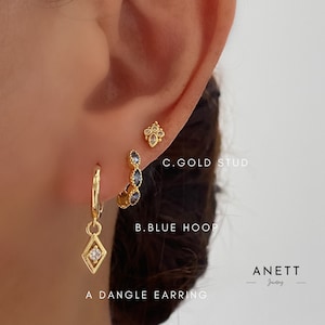 Blue Marquise Gold Hoop Earring Stacking Set, Dainty Gold Dangle Earring, 925 Sterling Silver Stud, Valentine's Day Gift, Gold Earring Set