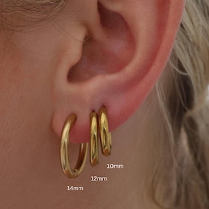 Basic Stainless Steel Hoop Earrings, 18k Gold sleeper, No Tarnish, Everyday Hypoallergenic earrings, 10mm 12mm 14mm 16mm, Gift Set