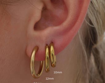 Basic Stainless Steel Hoop Earrings, 18k Gold sleeper, No Tarnish, Everyday Hypoallergenic earrings, 10mm 12mm 14mm 16mm, Gift Set