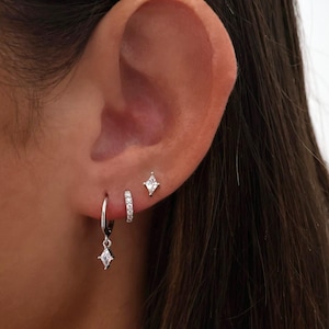 Diamond Dangle Drop Gold Earring Set, Silver Dangle Huggie Stud, Diamond Stud, 925 Sterling Silver, 3 Pair 2 Pair Earring Stack Set, Gift