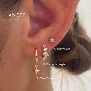 Dainty Gold Dangle Huggie Earring Set, 925 Sterling Silver 18k Gold plated, Gold Ear Stacks, Opal Stud, Gift for Mum, 3 Pair Set