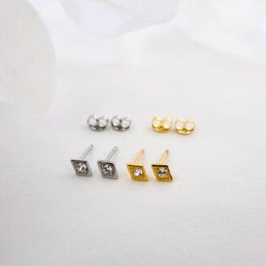 Rhombus Silver CZ Stud Earrings, 925 Sterling Silver 18k Gold Stud, Tiny CZ Stud Earrings, CZ dainty earrings, small stud, Minimalist Stud