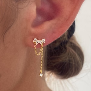 Cubic Chain Gold Earrings, Gold Drop Earrings, 925 Sterling Silver, Crystal Stud Chain Dangle Earring, Earring Stack Set, Gift for her