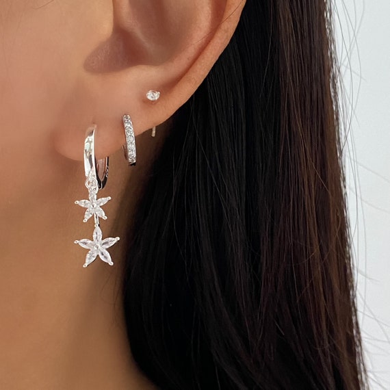 Silver Star Dangly Earrings, Star Cubic Drop Earrings