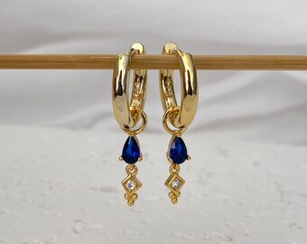 Gold Earring Set For Women, 925 Sterling Silver, Sapphire charm earrings, Gold Dangle earrings, Party Wedding earrings, Blue dangle hoops