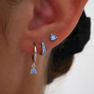 Blue Silver Earring Set, Sapphire Blue Dangle Huggie Stud Earrings, 925 Sterling Silver, 3 Pair 2 Pair Earring Stack, Gift, Valentine's Gift