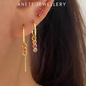 Dangly Gold Pink Ear Stack, 925 Sterling Silver 18k gold Plated, Sleeper Pink Stud, Helix, Second Hole Earrings, 3pieces set, Gift for Her