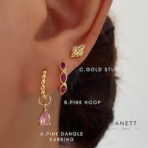Pink Marquise Gold Hoop Earring Set, 3 pairs earring set, Pink teardrop Dangle Earrings, 925 Sterling Silver Stud, Pink Earring Stacks, Gift