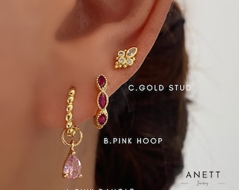 Pink Marquise Gold Hoop Earring Set, 3 pairs earring set, Pink teardrop Dangle Earrings, 925 Sterling Silver Stud, Pink Earring Stacks, Gift