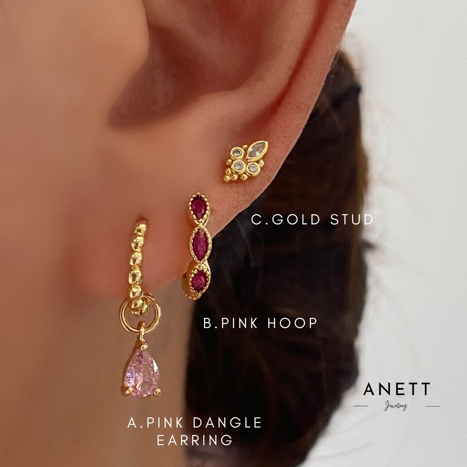 Pink Marquise Gold Hoop Earring Set, 3 pairs earring set, Pink teardrop Dangle Earrings, 925 Sterling Silver Stud, Pink Earring Stacks, Gift
