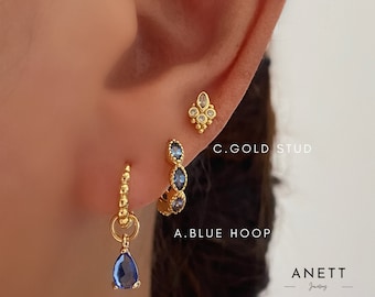 Blue Marquise Gold Hoop Earring Set, 3 pairs earring set, Blue teardrop Dangle Earrings, 925 Sterling Silver Stud, Blue Earring Stacks, Gift