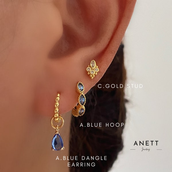 Blue Marquise Gold Hoop Earring Set, 3 pairs earring set, Blue teardrop Dangle Earrings, 925 Sterling Silver Stud, Blue Earring Stacks, Gift