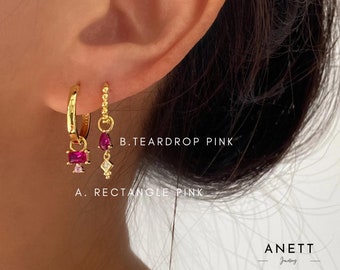 Pink dangle Earring with 925 Sterling Silver 18k gold plated, Pink charm drop earrings, Gift for Her,  Dangly ear stacks, Dainty pink Hoop