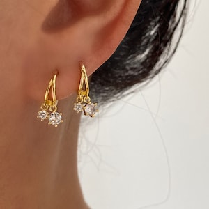 Dainty Diamond Cubic Drop Earrings, 925 Sterling Silver Huggie Hoops, Dainty Silver Gold Earrings, Cubic Dangle Earrings, Minimalist Hoops