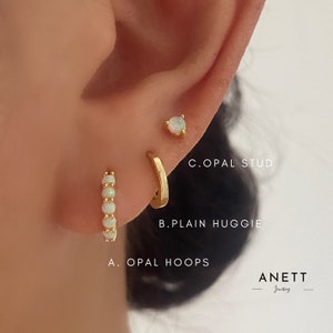 Dainty Opal Huggie Hoop Earrings, 925 Sterling Silver 18k gold plated, Gold Ear Stacks, Opal Stud, Birthday Gift, Gift for Mum, 3 Pair Set