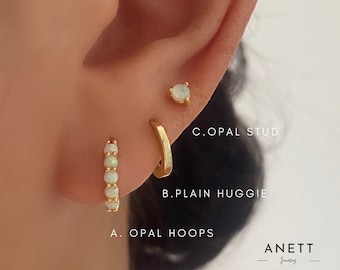 Dainty Opal Huggie Hoop Earrings, 925 Sterling Silver 18k gold plated, Gold Ear Stacks, Opal Stud, Birthday Gift, Gift for Mum, 3 Pair Set