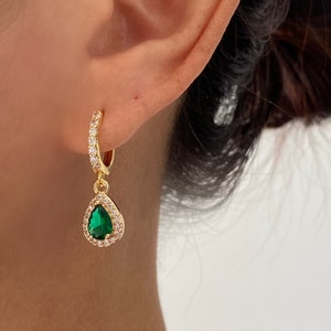 Handmade Emerald Cubic Dangle Earrings, Green Teardrop Earrings, Ruby Red Earrings, Diamond Cubic Dangle, Wedding Earrings, 18k gold plated