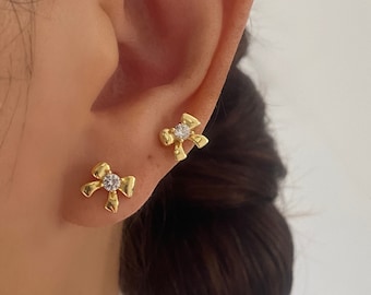 Bow Stud Earrings, Gold Ribbon Bow Stud, 925 Sterling Silver 18k gold plated, Cute Earrings, Gift for Her, Minimalist Gold Earrings