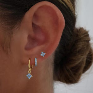 4 Clover Blue Stone Gold Dangle Earring Set, 925 Sterling Silver, Gold Ear Stacks, Birthday Gift, 7mm Huggie Hoop, 3 Pair Earring Set