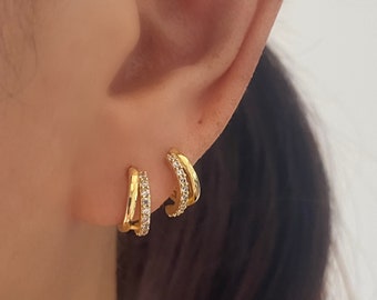 Gold Double Huggie Hoop Earrings, 18k gold plated Small Huggie, Minimalist Huggie Hoop Earrings, Gold Earrings, Gift for Her