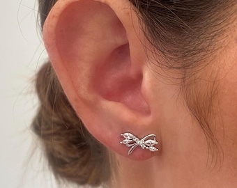 Sterling Silver Bow Stud Earrings, Minimalist Helix Piercing