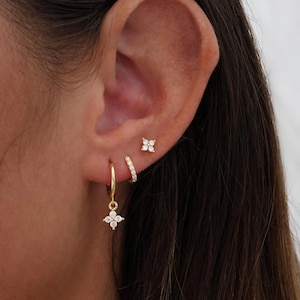 4 Clover Gold Dangle Earring Set, 925 Sterling Silver, Gold Ear Stacks, Gold Stud, Birthday Gift, 7mm Huggie Hoop, 3 Pair Earring Set