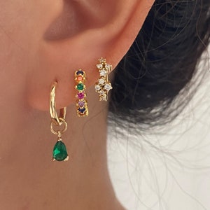 Emerald Teardrop Earrings, Hand made Gold Hoop Earrings with Green gemstone, Dainty 14k Gold Huggie, Minimalist Dangle, Gift for Women