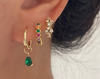 Emerald Teardrop Dangle Earrings, 14k Gold Huggie Hoops, Handmade