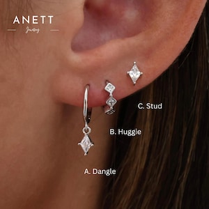 Diamond Dangle Drop Gold Earring Set, Silver Dangle Huggie Stud, Diamond Stud, 925 Sterling Silver, 3 Pair 2 Pair Earring Stack Set, Gift