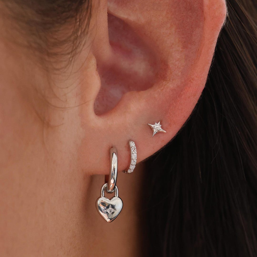 Silver Heart Dangle Hoop Earrings Set – Cubic Zirconia Studs - Etsy