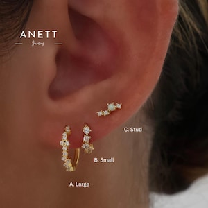 Gold Cubic Huggie Hoop Earrings, Dainty Gold Hoop, 925 Sterling Silver, Small Gold Hoop Earrings, Opal Stud, 3 pair set earrings, Gift Set