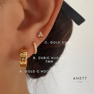 Gold C Hoop Earrings, Gold Ear Stack Set, Small Thick Gold Hoop Earrings, Classic Hoop Earrings, Minimalist Hoop, 18K Gold Plated Earrings