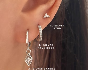 Dainty Silver Earring Set, Diamond shape drop Earrings, Small Cubic Silver Huggie, Sterling Silver earring, Rectangle earring, Gift Set