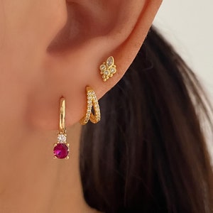 Pink Gold Huggie Hoop Earring, Pink Gemstone Earrings,18k gold plated, Small Gold Huggie, Dainty hoops, Second Earring, Helix Huggie, Gift