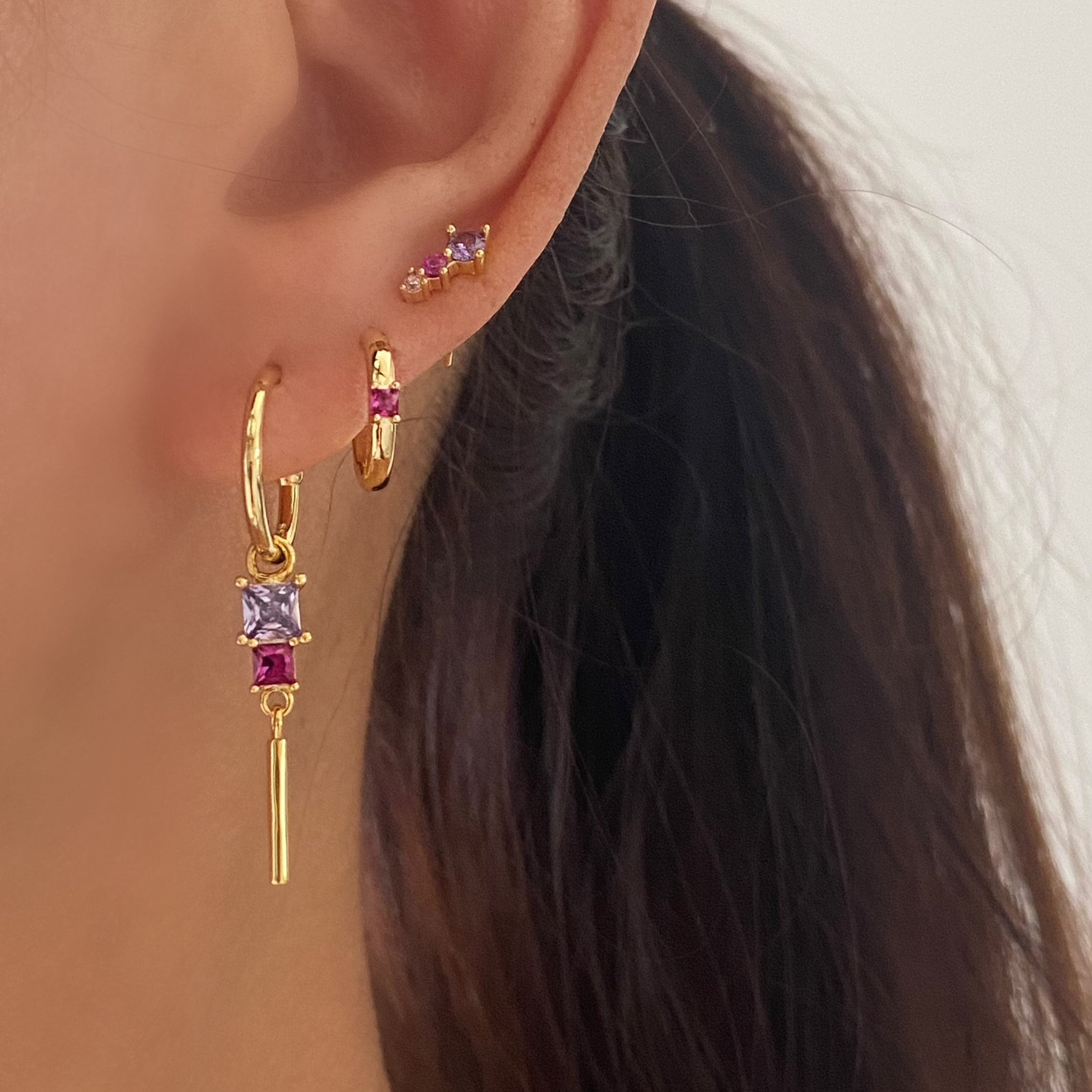 Pink Earing Stack Pink Purple Dangle Ear Stacks, Gold Plated Sterling Silver Huggie Hoops ...