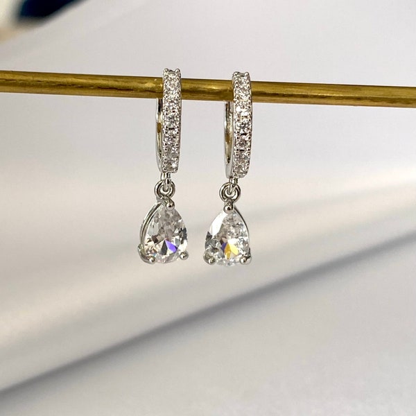 Diamond Drop Earrings, CZ Dangle Silver Earrings, Pave Huggie Hoop Dangle Earrings Wedding Earrings, Bridal Earrings, Bridesmaid Gifts