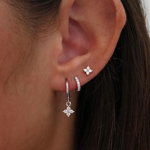 4 Clover Silver Dangle Earring Set, 925 Sterling Silver, Silver Ear Stacks, Silver Stud, Birthday Gift, 7mm Huggie Hoop, 3 Pair Earring Set