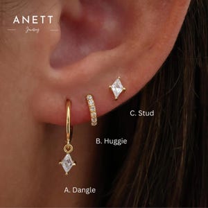 Diamond Dangle Drop Gold Earring Gift Set, Diamond Stud, 925 Sterling Silver with 18k Gold plated, 3 Pair 2 Pair Earring Stack Set, Gift