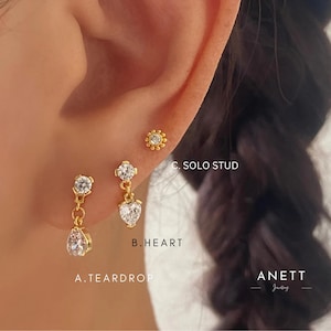 Tiny CZ Dangle Droplet Stud Earrings in Sterling Silver, 18k gold plated, Solid Silver Crystal Earrings, Dainty Gold Earring, Minimalist