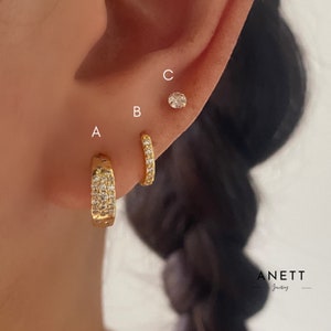 Gold C Hoop Earrings, 925 Sterling Silver with 18k Gold Plated Hoop, Open C Hoop Cubic Paved Hoops, Gold Earring Stack Set, Gift for her