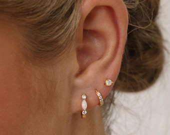 Opal Huggie Hoop Earrings, 18k Gold Plated Sterling Silver