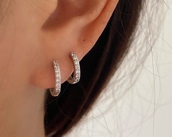 Sterling Silver Cubic Hoop Earrings, Dainty Sparkle Silver Hoops, Basic Simple Silver Hoops, Ear Stacking, Second Hoops, Everyday Earring