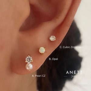 925 Sterling Silver Gold Stud, Pearl Stud, Opal Stud, Zircon Stud, Basic Stud Earrings, Helix Stud, Cartilage Stud, Minimalist, 18k Gold