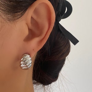 Croissant Chunky Silver Earrings, Silver Statement Earrings, Big Silver Earrings, Twisted Silver Stud, White Gold Big Chunky Earrings, Gift