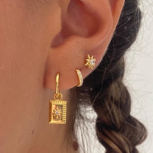 Starburst Dangle Earrings, 925 Sterling Silver 18k gold plated, Square Charm, Star Earrings, Celestial drop Gold, Gift for her, Minimalist